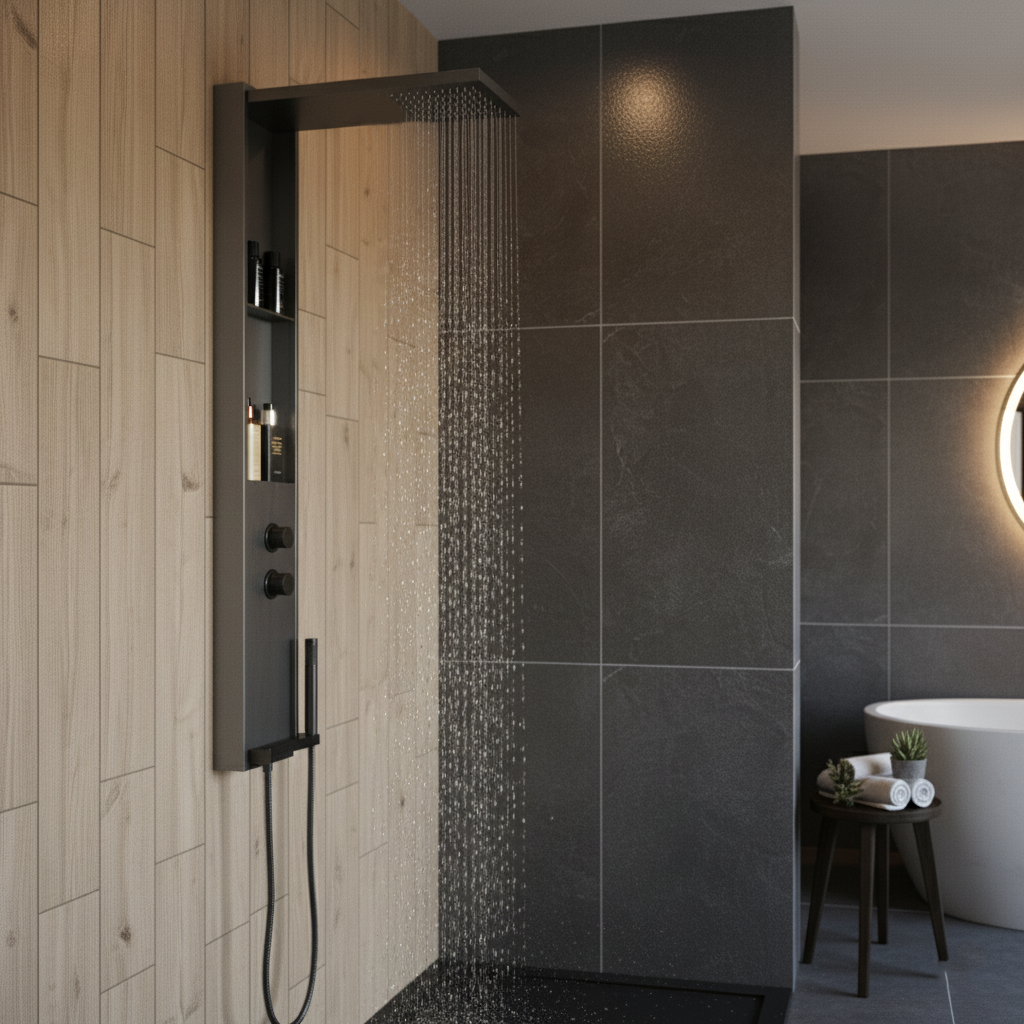 Duschpaneel Gun Metal – minimalistisches Design mit Regendusche, integrierten Ablagen und Handbrause