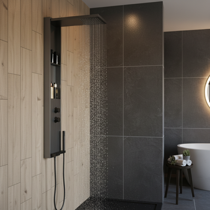 Duschpaneel Gun Metal – minimalistisches Design mit Regendusche, integrierten Ablagen und Handbrause