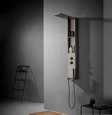 Duschpaneel Gun Metal – minimalistisches Design mit Regendusche, integrierten Ablagen und Handbrause