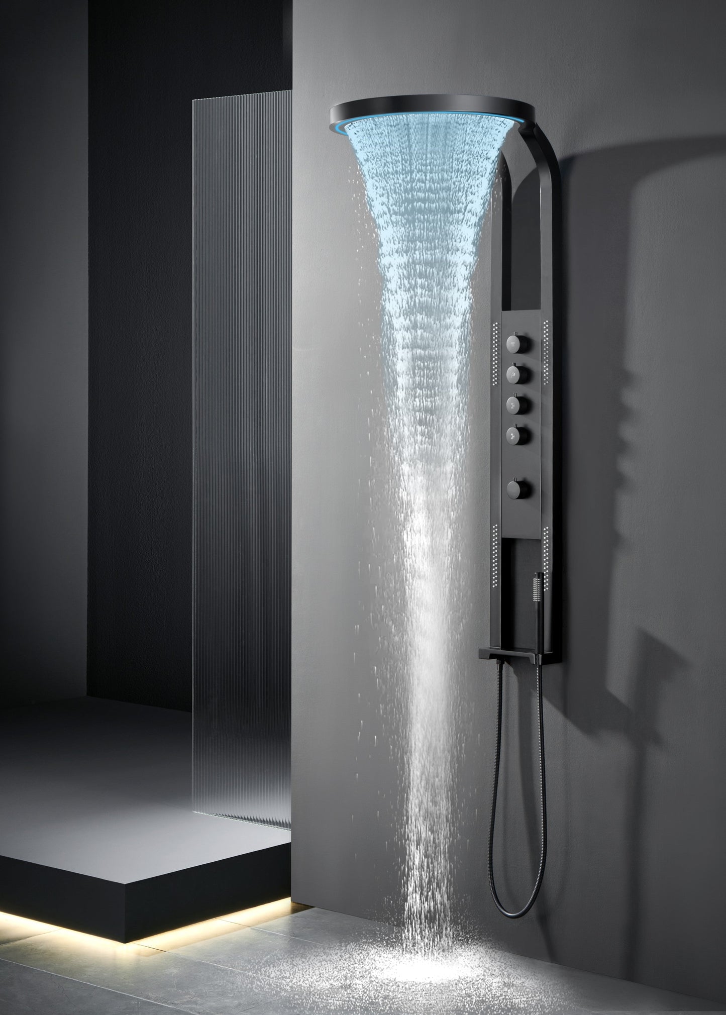 LED-Rundduschpaneel Black Round – modernes Design mit Wasserfall-Dusche und Premium-Funktionen