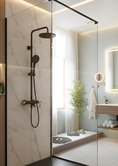 Royal Black & Gold – Modernes Aufputz-Duschset mit Wannen-Auslauf und texturierten Bedienelementen