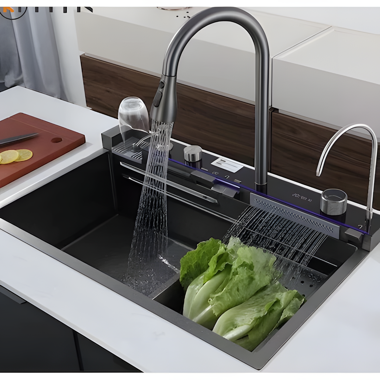 Multifunktionale Küchenspüle – Anthrazitgrau  75 × 45 × 22 cm | Mit digitaler Armatur &amp; Wasserfall