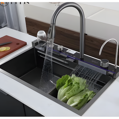 Multifunktionale Küchenspüle – Anthrazitgrau  75 × 45 × 22 cm | Mit digitaler Armatur &amp; Wasserfall