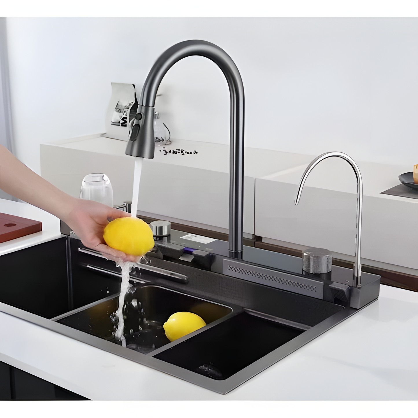 Multifunktionale Küchenspüle – Anthrazitgrau  75 × 45 × 22 cm | Mit digitaler Armatur &amp; Wasserfall