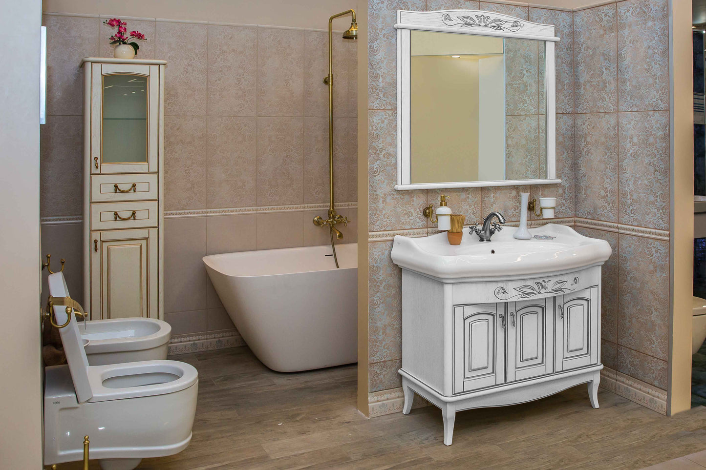 Mobilier de baie pe pardoseală Mikella, Alb+Crom Aqua Rodos