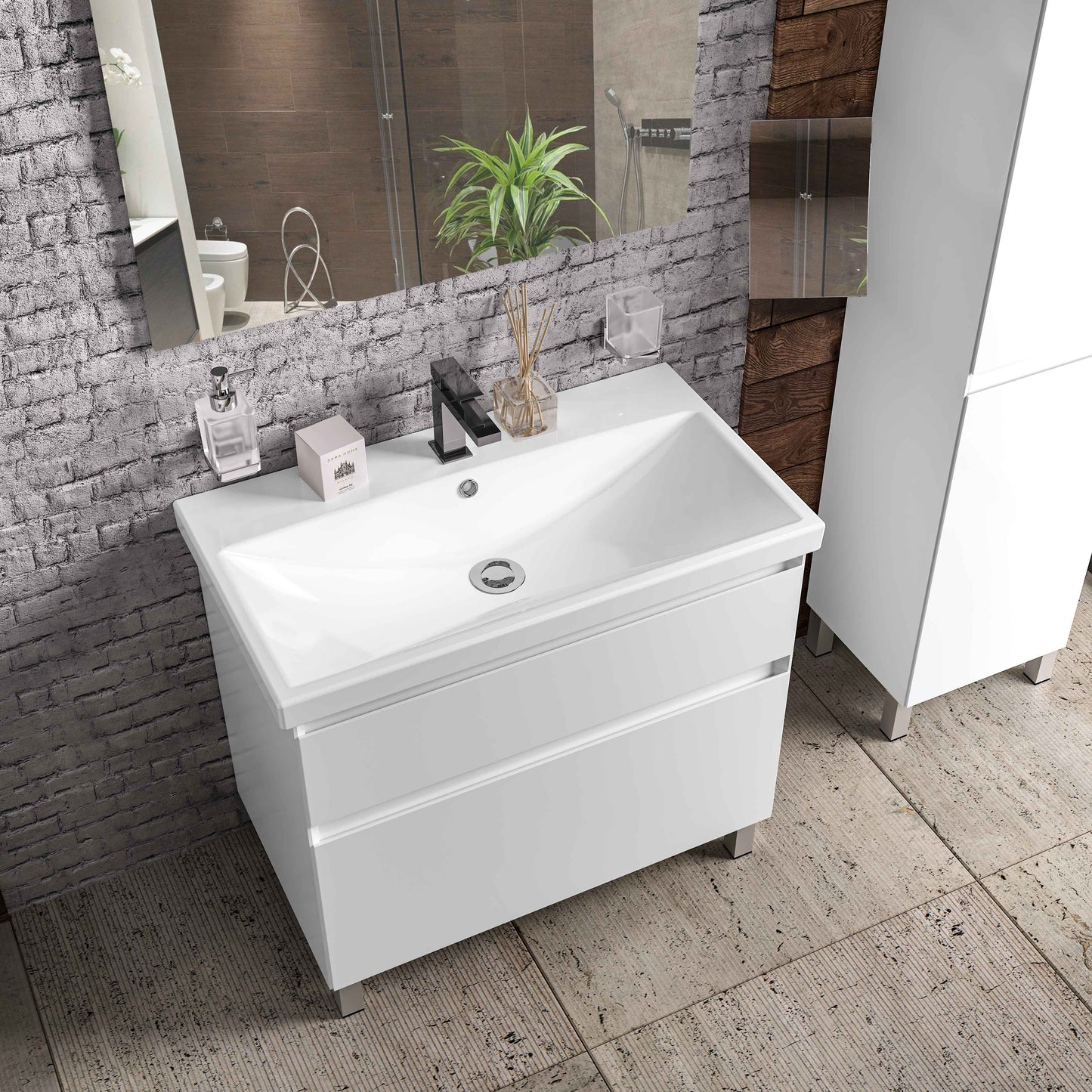 Mobilier de baie pe pardoseala Elite, Alb Mat Aqua Rodos