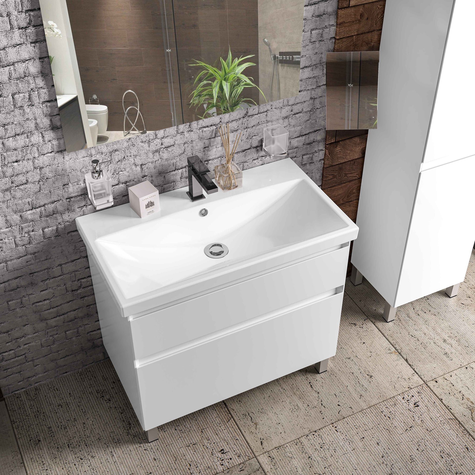Mobilier de baie pe pardoseala Elite, Alb Mat Aqua Rodos