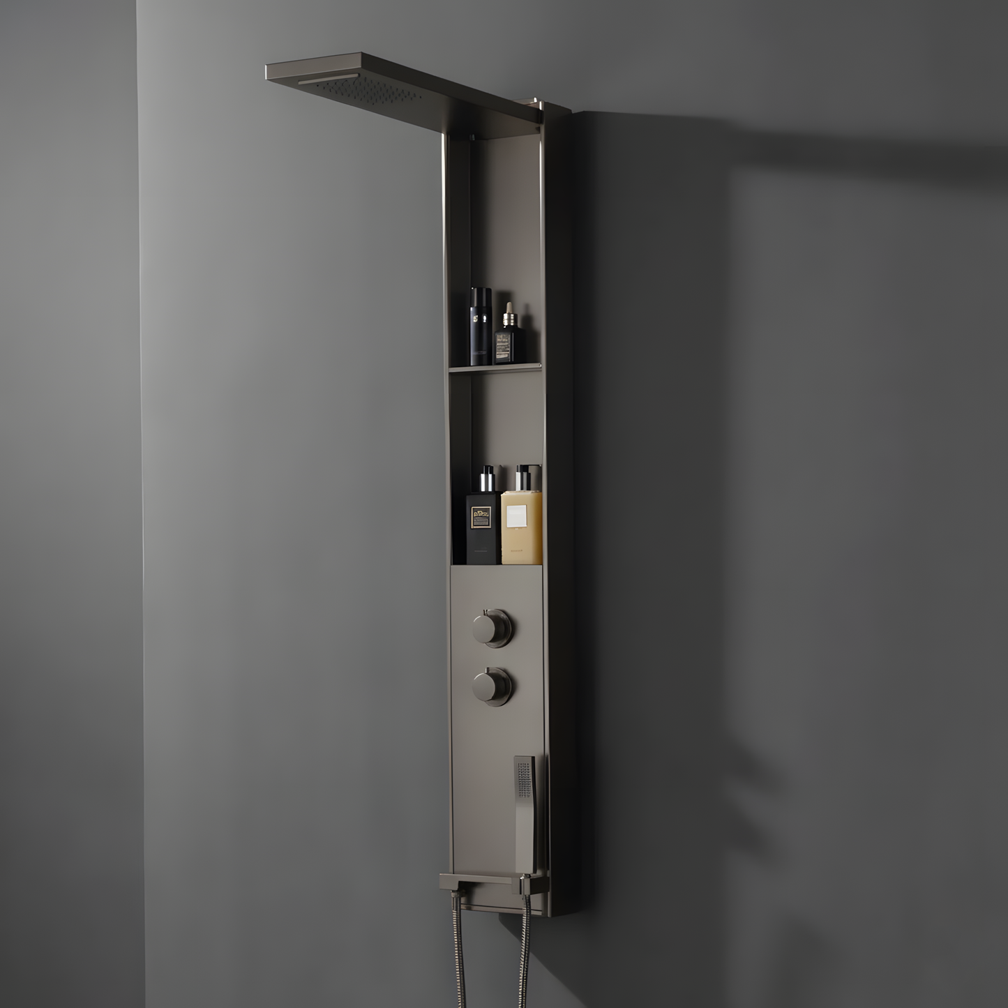 Duschpaneel Gun Metal – minimalistisches Design mit Regendusche, integrierten Ablagen und Handbrause
