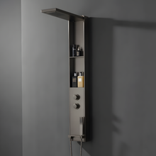 Duschpaneel Gun Metal – minimalistisches Design mit Regendusche, integrierten Ablagen und Handbrause