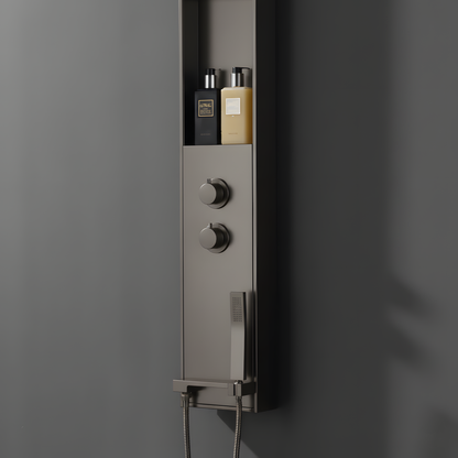 Duschpaneel Gun Metal – minimalistisches Design mit Regendusche, integrierten Ablagen und Handbrause