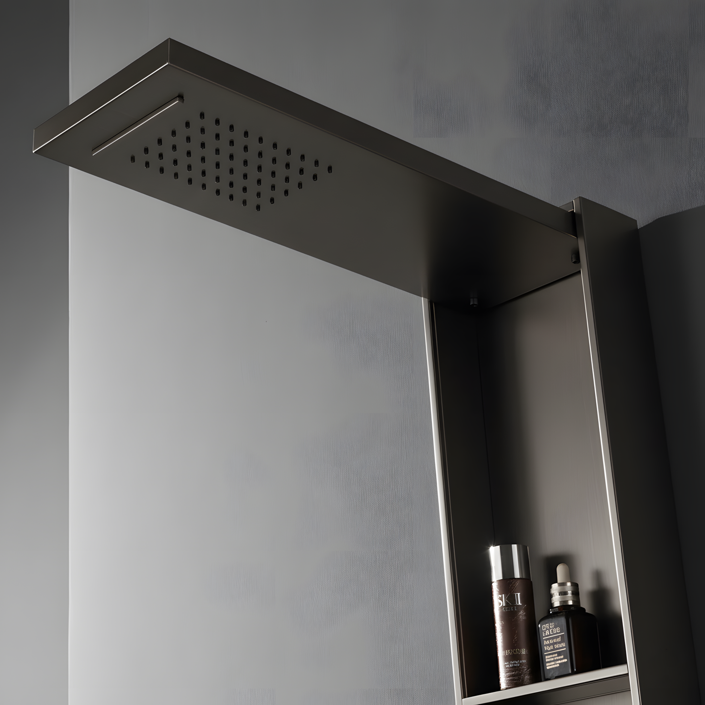 Duschpaneel Gun Metal – minimalistisches Design mit Regendusche, integrierten Ablagen und Handbrause
