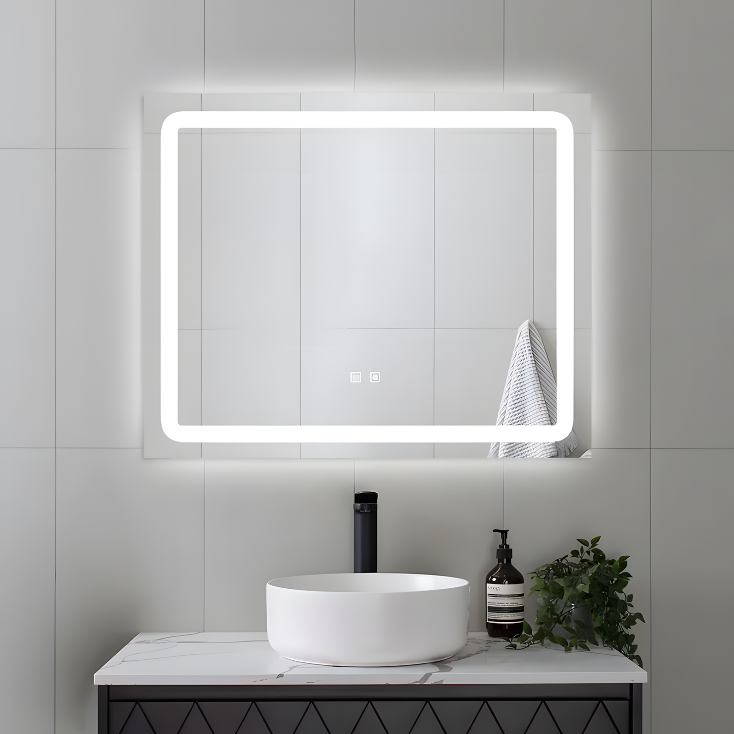 Badezimmerspiegel LED H103 rechteckig mit 3 Lichtfarben, Anti-Beschlag und Touch-Steuerung