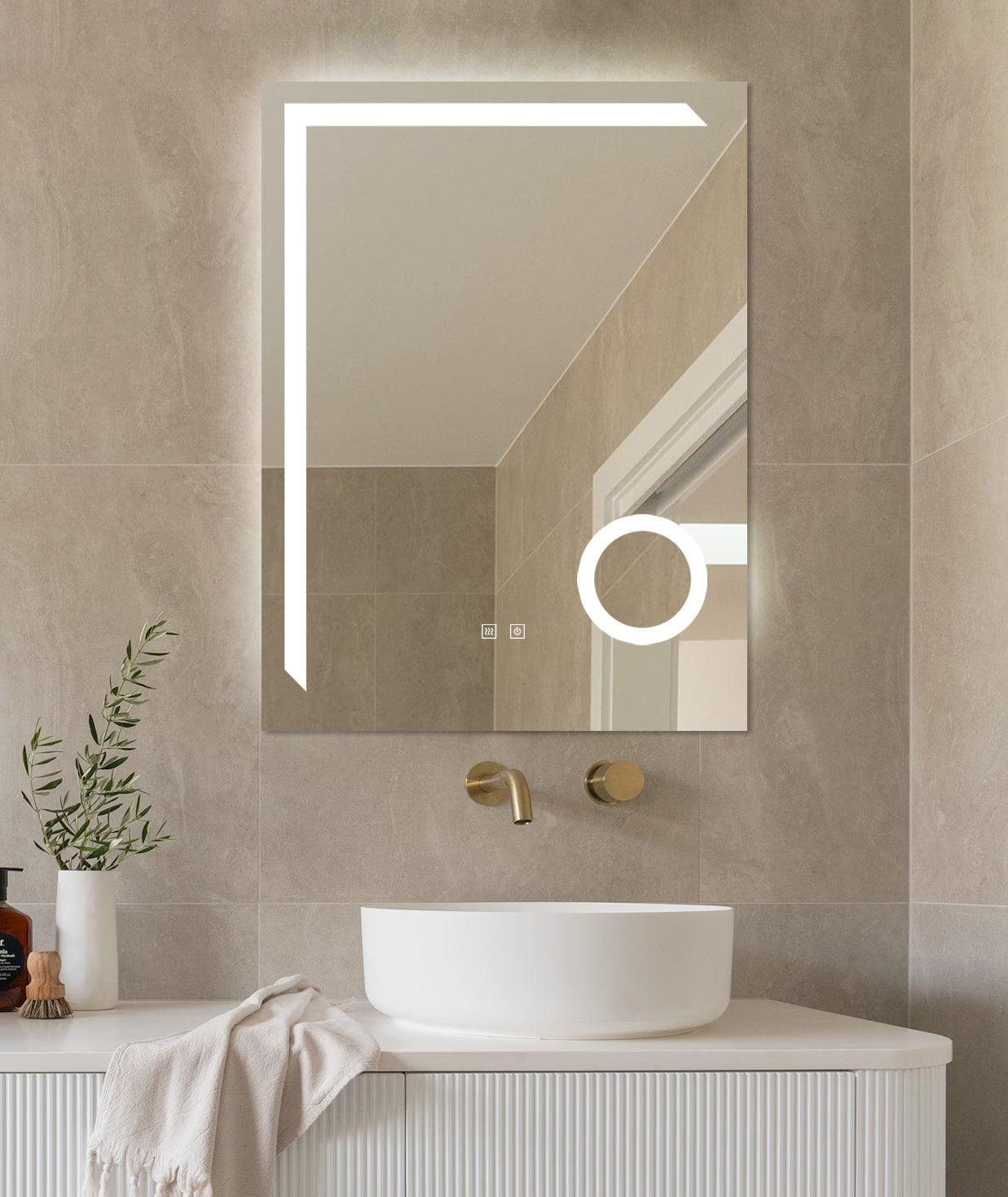 LED-Badspiegel H-1041B mit Kosmetiklupe, 3 Lichtfarben, Antibeschlag und Touch-Control