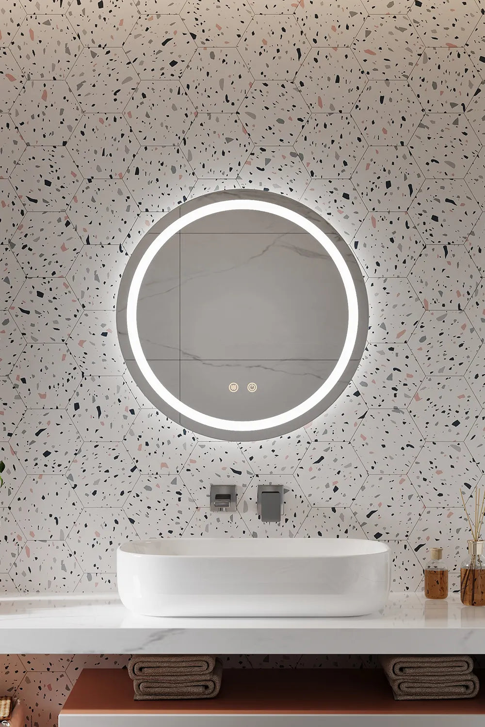 Runder LED-Badezimmerspiegel H105 mit 3 Lichtfarben, Anti-Beschlag und Touch-Steuerung
