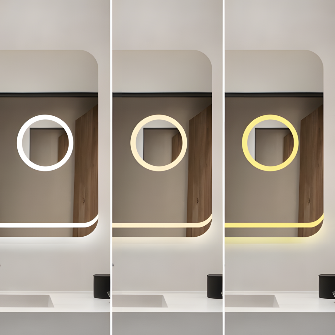 Rechteckiger LED-Badezimmerspiegel H-1083 mit Kosmetikspiegel, 3 Lichtfunktionen, Anti-Beschlag und Touch-Schalter