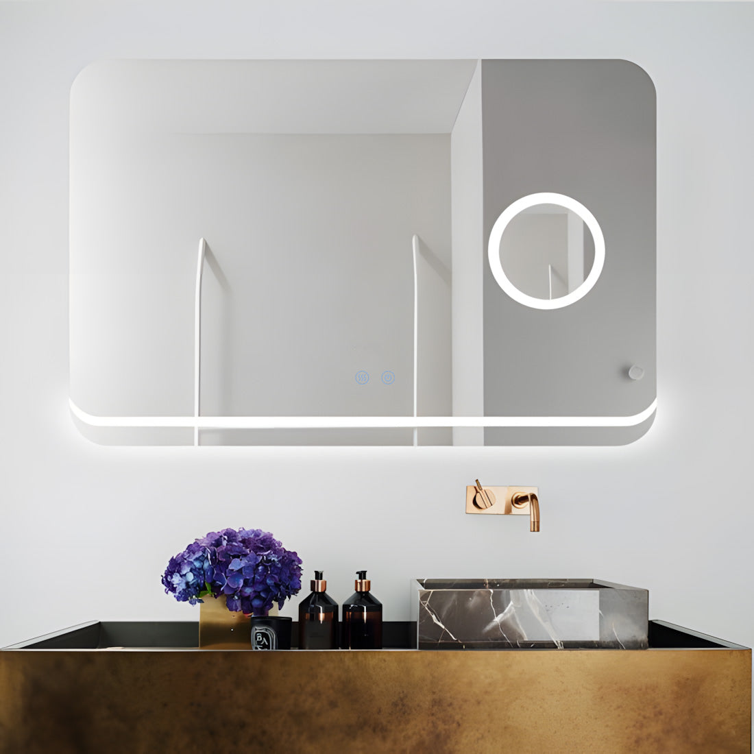Rechteckiger LED-Badezimmerspiegel H-1083 mit Kosmetikspiegel, 3 Lichtfunktionen, Anti-Beschlag und Touch-Schalter