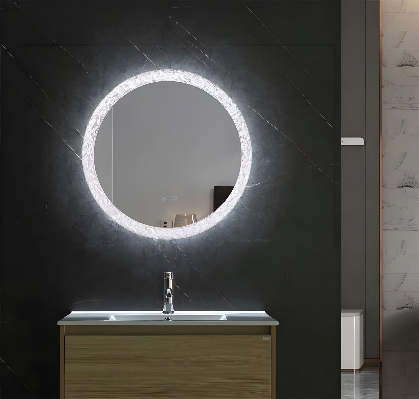 Runder LED Badezimmerspiegel Ø60/80 cm mit Acrylrahmen – 3 Lichtfarben, Anti-Beschlag & Touch