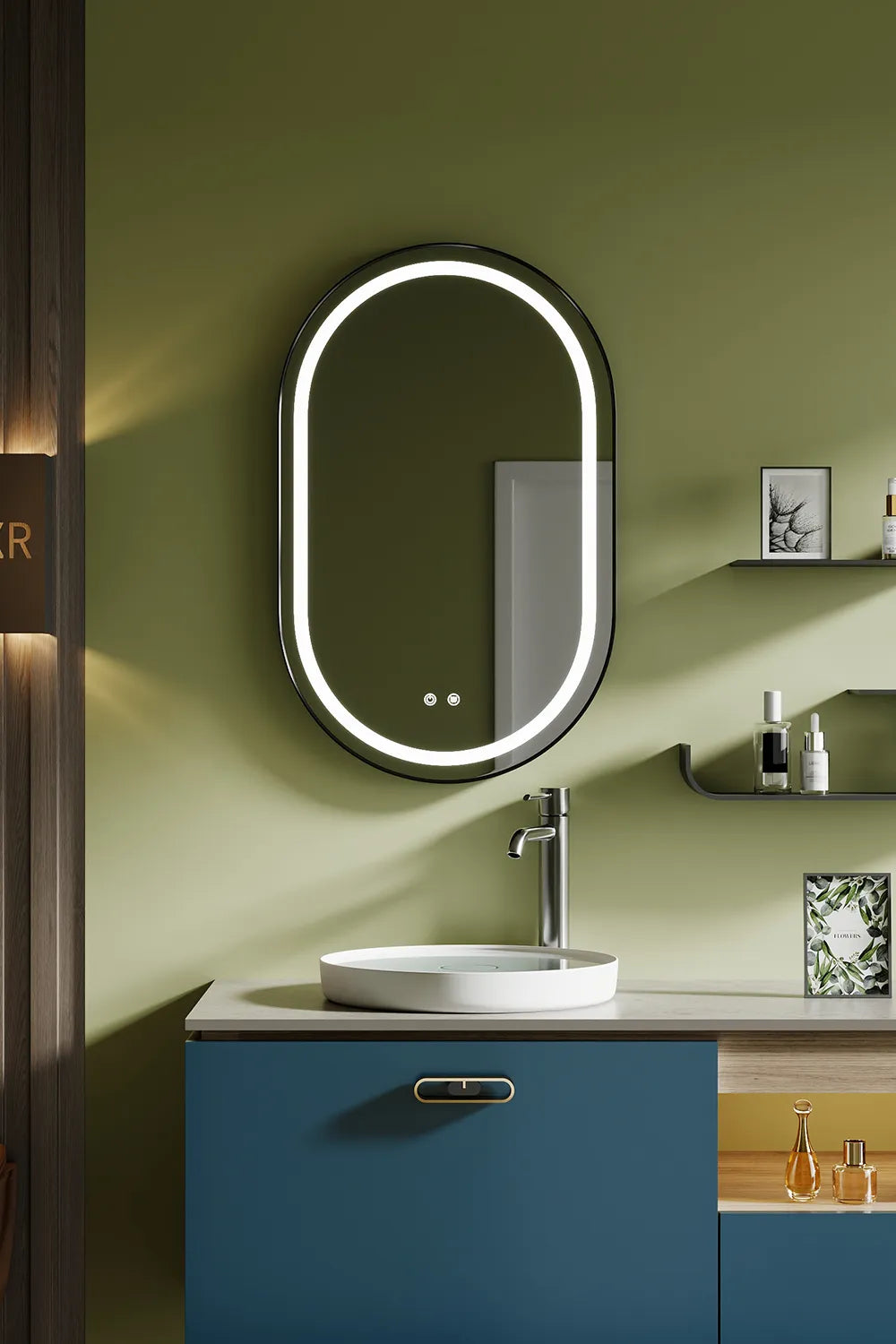 LED-Badezimmerspiegel H-3055 Schwarz mit COB-Lichtband | 3 Lichtfarben & Anti-Beschlag