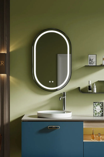 LED-Badezimmerspiegel H-3055 Schwarz mit COB-Lichtband | 3 Lichtfarben & Anti-Beschlag