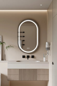 LED-Badezimmerspiegel H-3055 Schwarz mit COB-Lichtband | 3 Lichtfarben & Anti-Beschlag