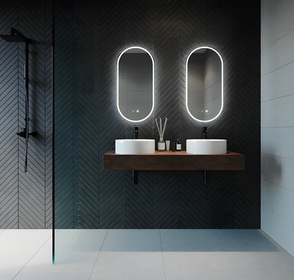 LED Badezimmerspiegel H-3055 mit weißem Aluminiumrahmen – 50x100 cm, 3 Lichtfarben, Anti-Beschlag, Touch