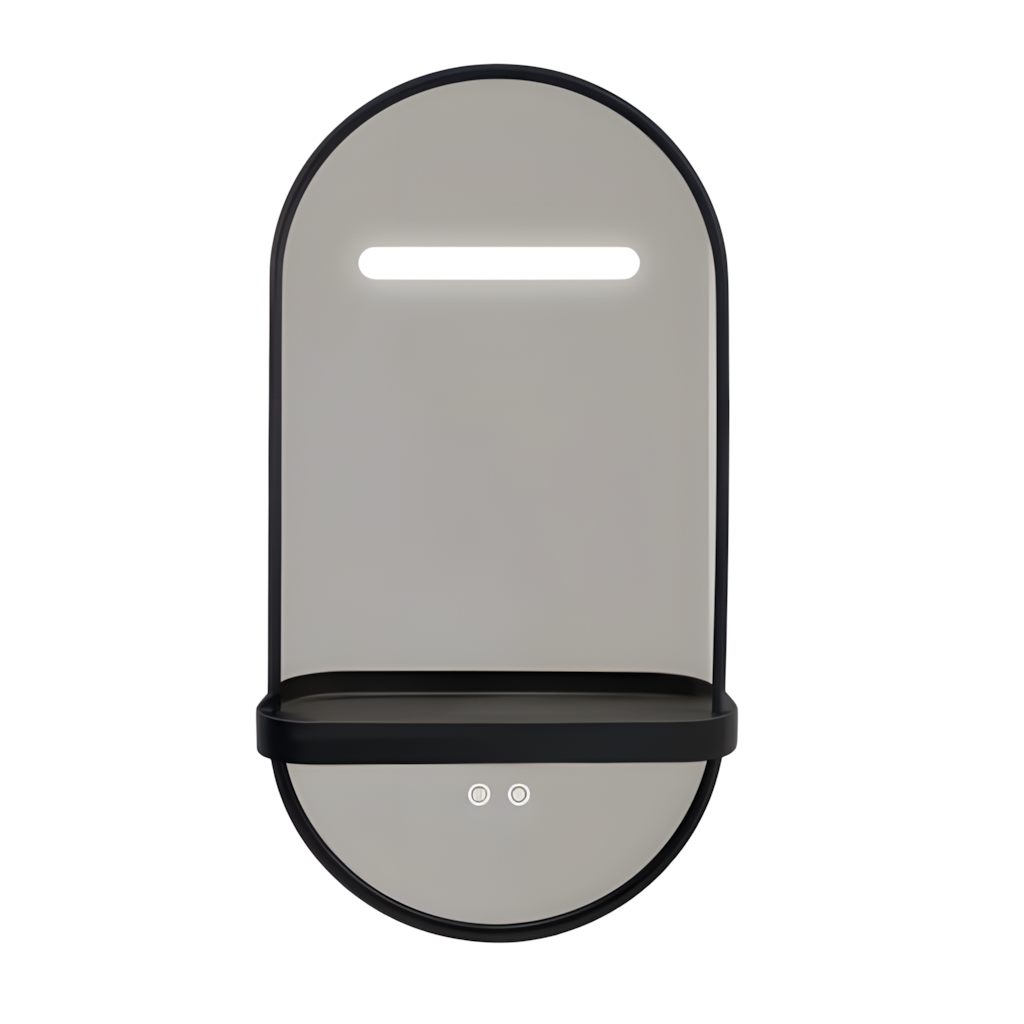 LED-Badezimmerspiegel H-3086 mit schwarzem Aluminiumrahmen und Regal – Anti-Beschlag & 3 Lichtfarben