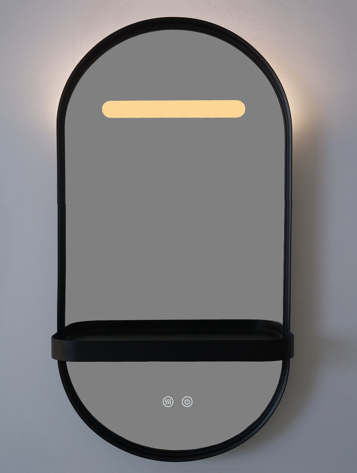 LED-Badezimmerspiegel H-3086 mit schwarzem Aluminiumrahmen und Regal – Anti-Beschlag & 3 Lichtfarben
