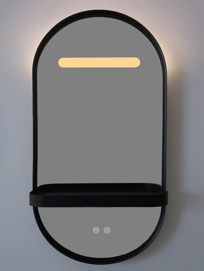 LED-Badezimmerspiegel H-3086 mit schwarzem Aluminiumrahmen und Regal – Anti-Beschlag & 3 Lichtfarben