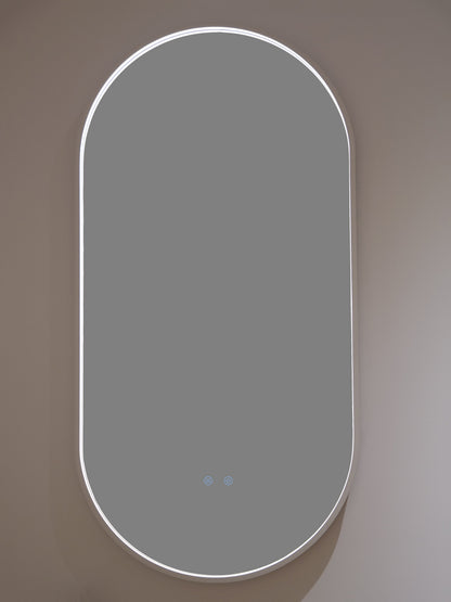 LED Badezimmerspiegel H-3055 mit weißem Aluminiumrahmen – 50x100 cm, 3 Lichtfarben, Anti-Beschlag, Touch