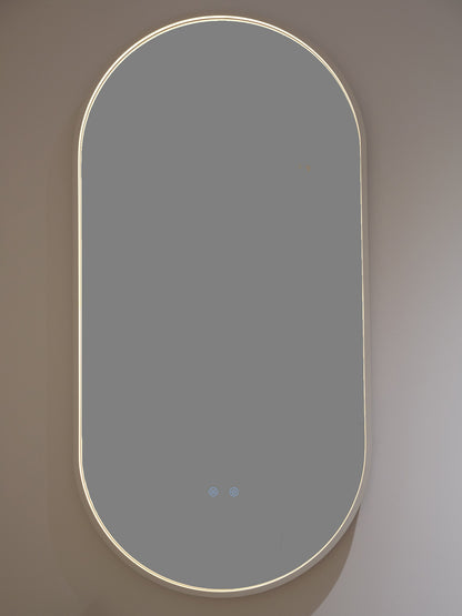 LED Badezimmerspiegel H-3055 mit weißem Aluminiumrahmen – 50x100 cm, 3 Lichtfarben, Anti-Beschlag, Touch