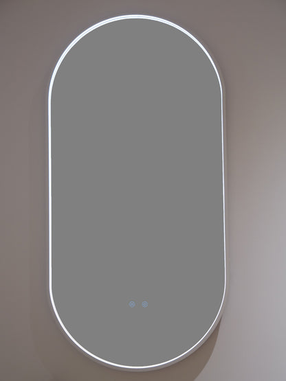 LED Badezimmerspiegel H-3055 mit weißem Aluminiumrahmen – 50x100 cm, 3 Lichtfarben, Anti-Beschlag, Touch