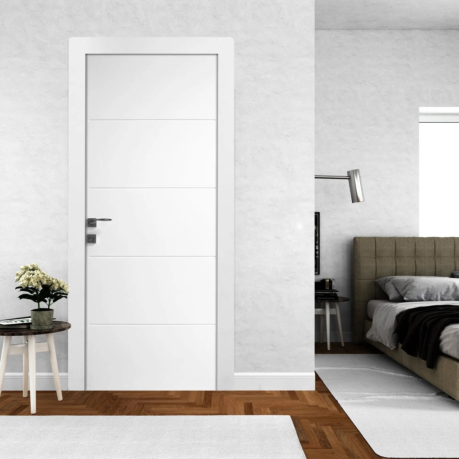 Ușă de interior Quadro alb mat cu toc reglabil – design geometric modern, complet echipată Rezult
