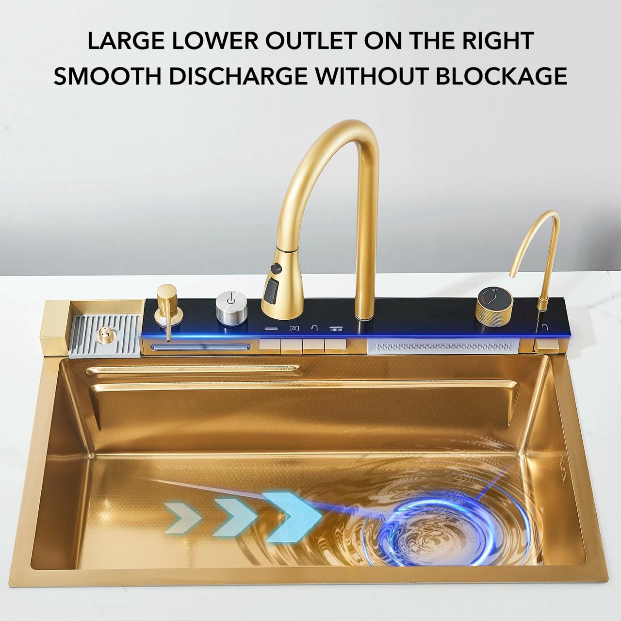 Multifunktionale Küchenspüle mit Zubehör HMDF-G 7546 – Digitale Armatur, Golden Tap Hole