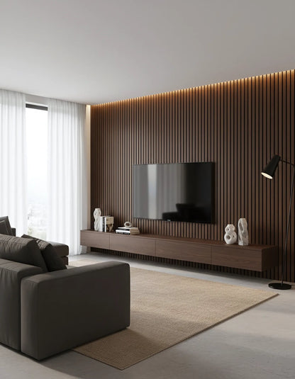 Dekoratives Lamellen-Wandpaneel Deep Walnut 001 – intensives Dunkelnuss-Finish mit schwarzem Hintergrund