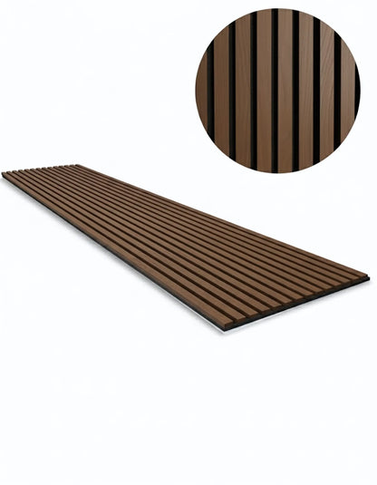 Dekoratives Lamellen-Wandpaneel Deep Walnut 001 – intensives Dunkelnuss-Finish mit schwarzem Hintergrund