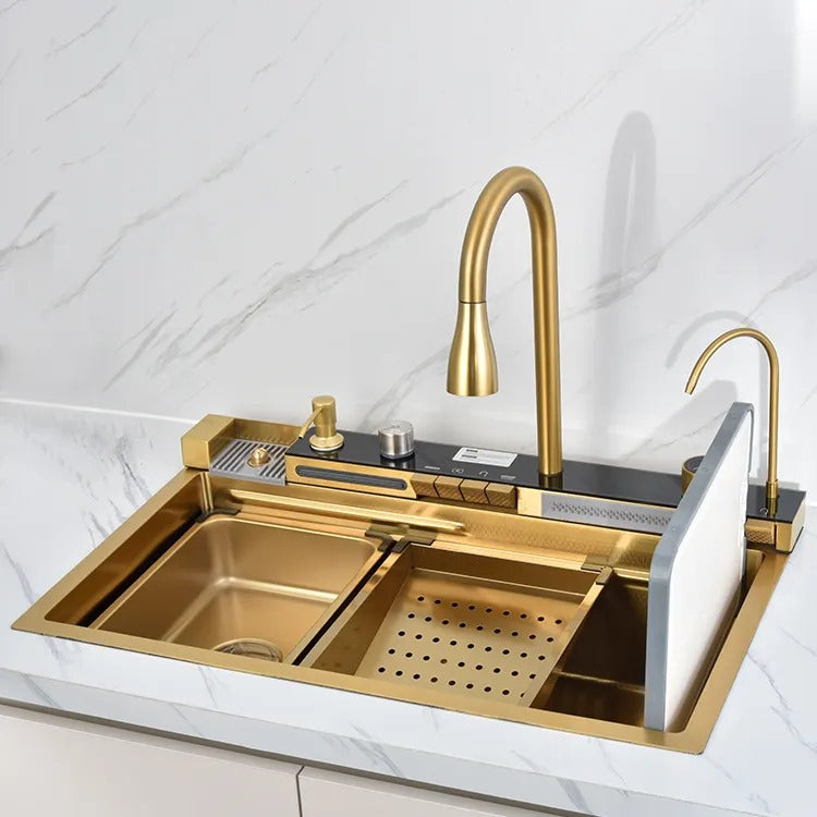 Multifunktionale Küchenspüle mit Zubehör HMDF-G 7546 – Digitale Armatur, Golden Tap Hole