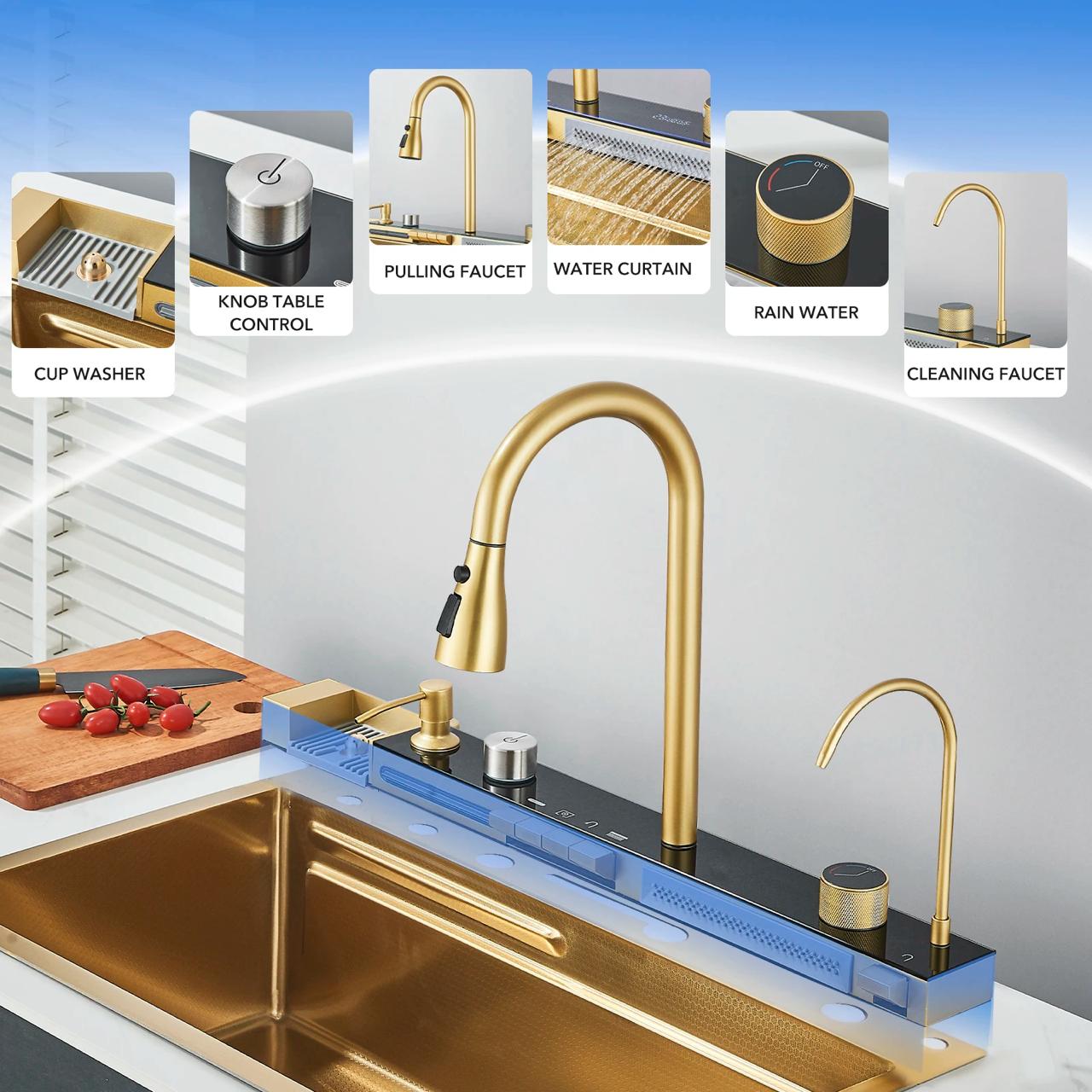 Multifunktionale Küchenspüle mit Zubehör HMDF-G 7546 – Digitale Armatur, Golden Tap Hole