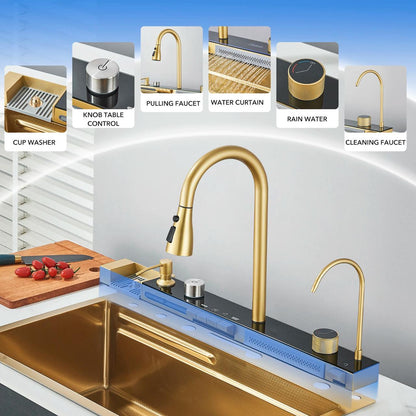 Multifunktionale Küchenspüle mit Zubehör HMDF-G 7546 – Digitale Armatur, Golden Tap Hole