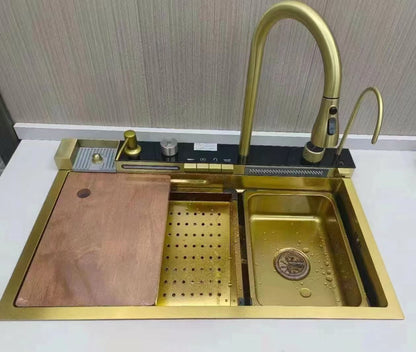 Multifunktionale Küchenspüle mit Zubehör HMDF-G 7546 – Digitale Armatur, Golden Tap Hole