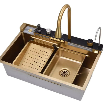 Multifunktionale Küchenspüle mit Zubehör HMDF-G 7546 – Digitale Armatur, Golden Tap Hole