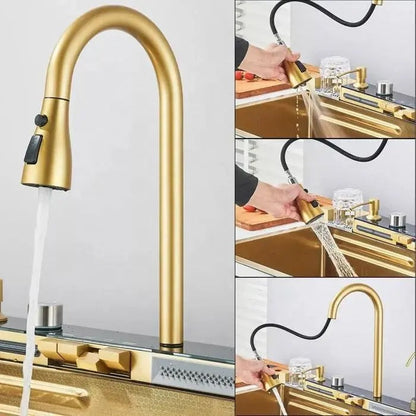 Multifunktionale Küchenspüle mit Zubehör HMDF-G 7546 – Digitale Armatur, Golden Tap Hole