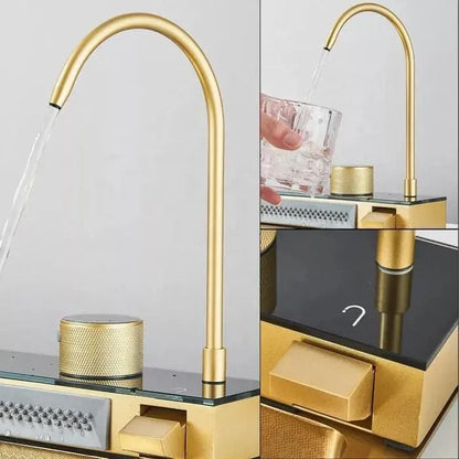 Multifunktionale Küchenspüle mit Zubehör HMDF-G 7546 – Digitale Armatur, Golden Tap Hole