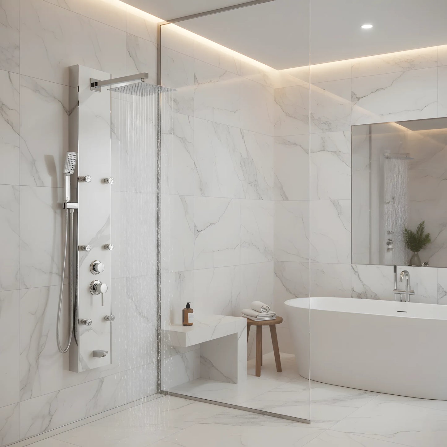 Duschpaneel Marble White – Premium-Design mit Mehrfach-Hydromassage und Regendusche