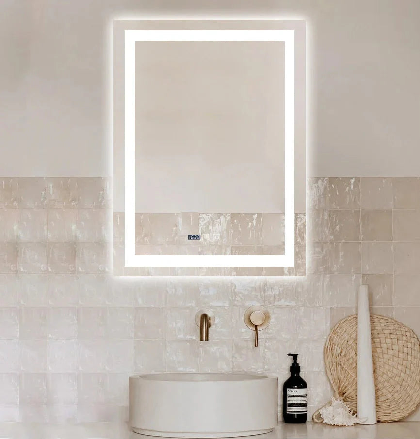 Oglinda LED Dreptunghiulara cu Ceas 90x60cm ,Trei Lumini J109 www.olivy.ro