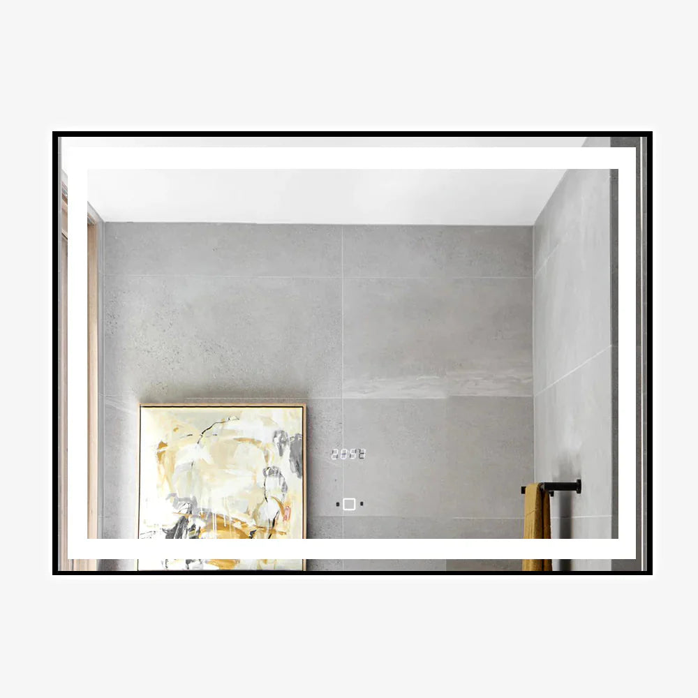 Oglinda LED Si Touch 80 X 60 Cm Cu Ceas Rama Negru Mat J130 www.olivy.ro