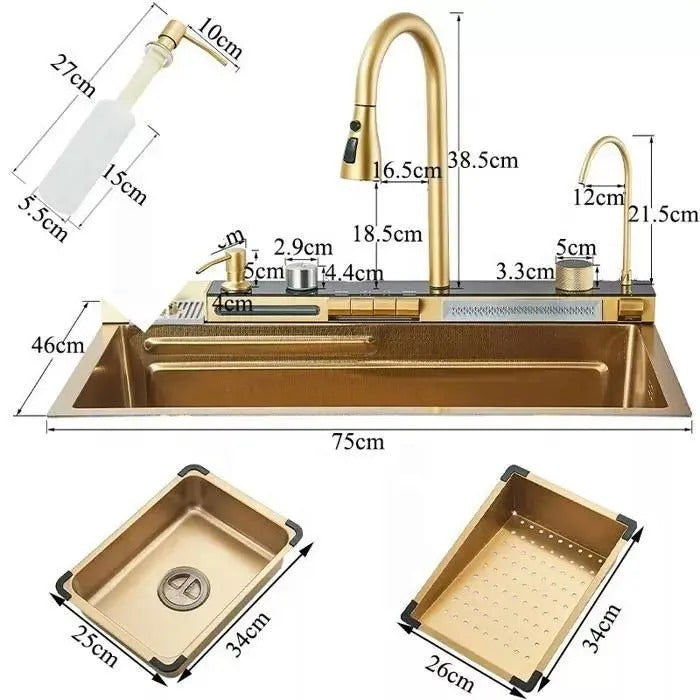 Multifunktionale Küchenspüle mit Zubehör HMDF-G 7546 – Digitale Armatur, Golden Tap Hole
