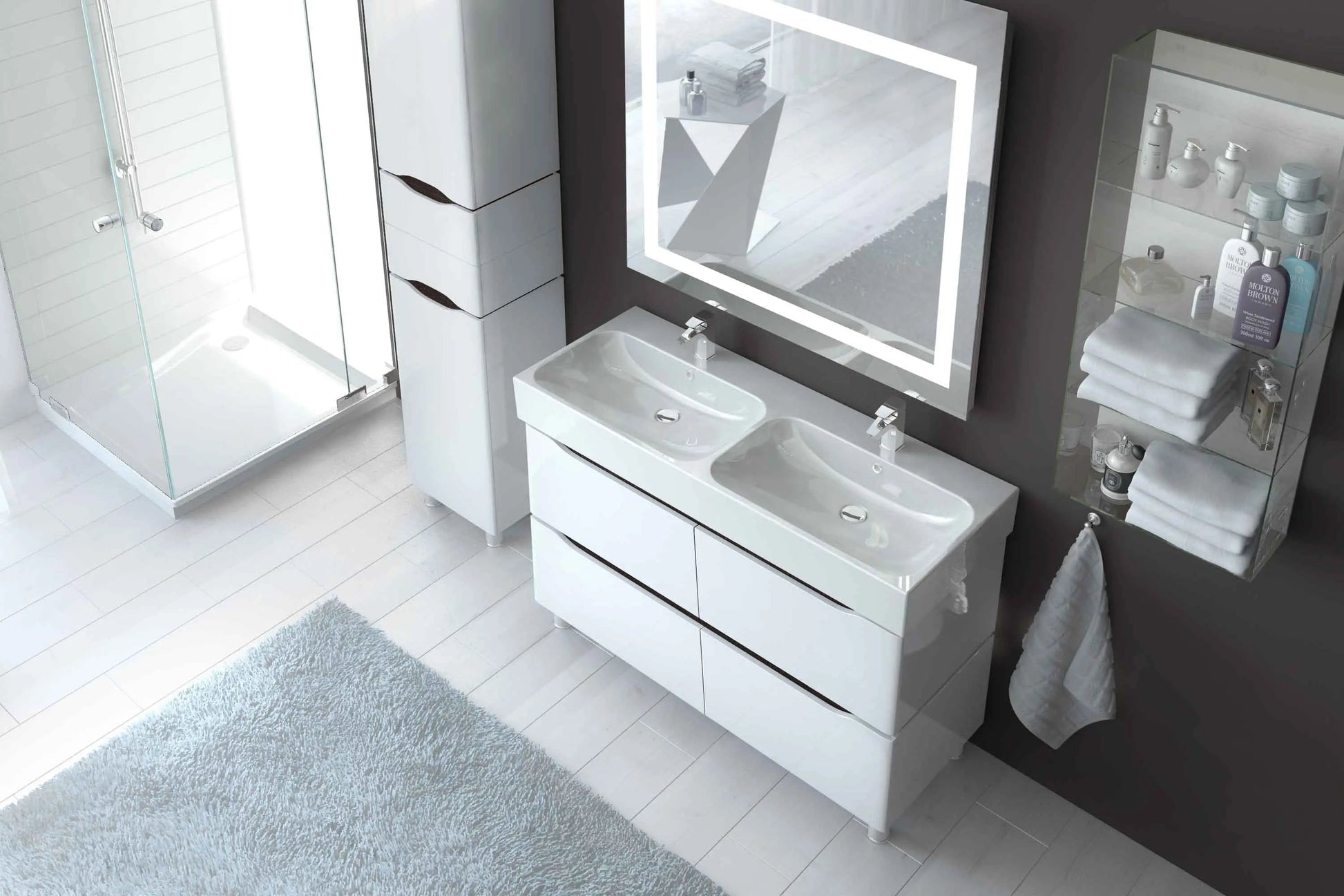 Mobilier de baie pe suspendat cu lavoar dublu Venice, Alb+Wenge Aqua Rodos